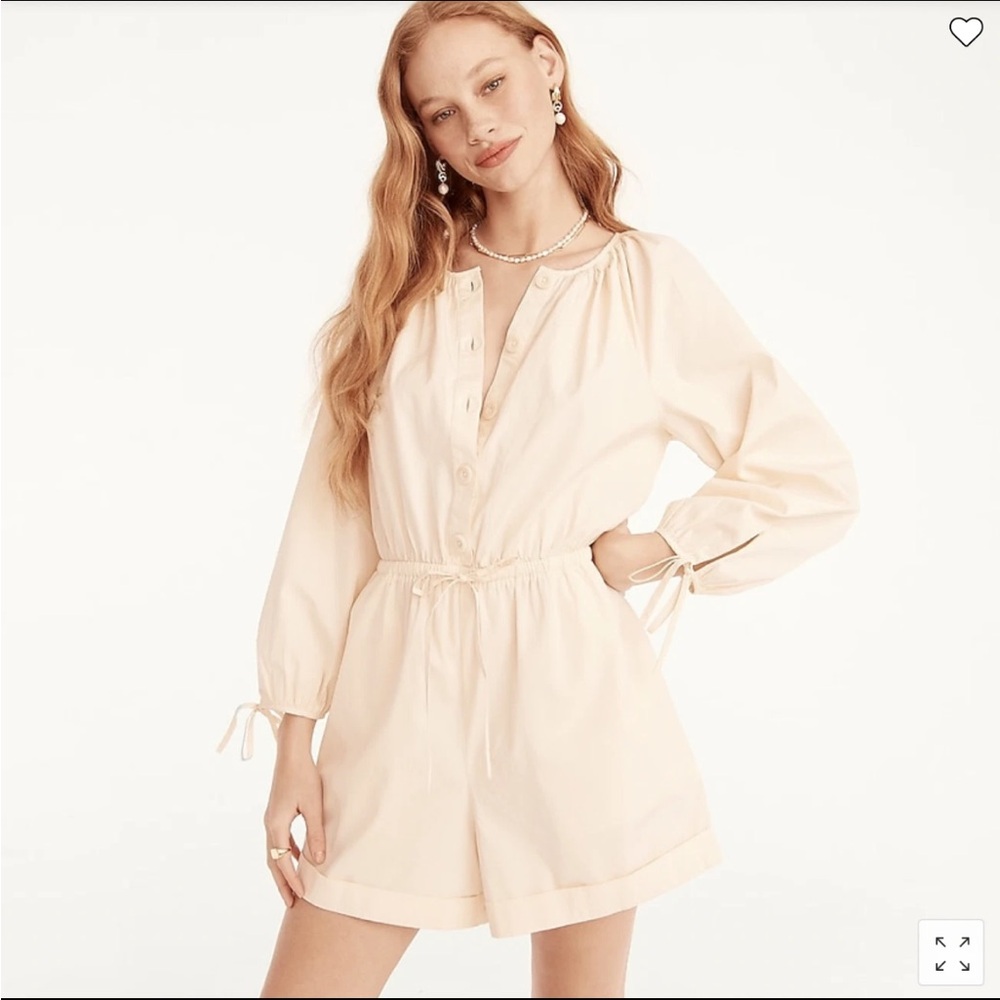 J Crew 100% Cotton poplin tie-sleeve button-up romper, Palest Peach, small